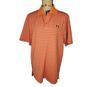 Under Armor Loose Fit Stretch Mens Golf Polo HeatGear Orange Striped Sz M Shirt